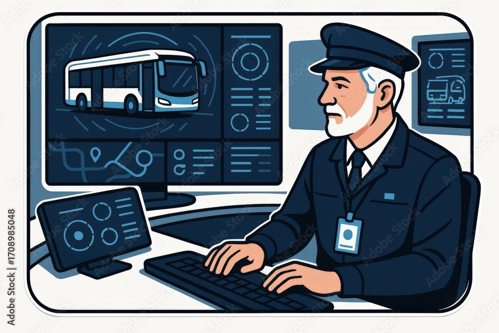 Poster experienced transport operator monitoring bus schedules and passenger routes utilizing innovative te