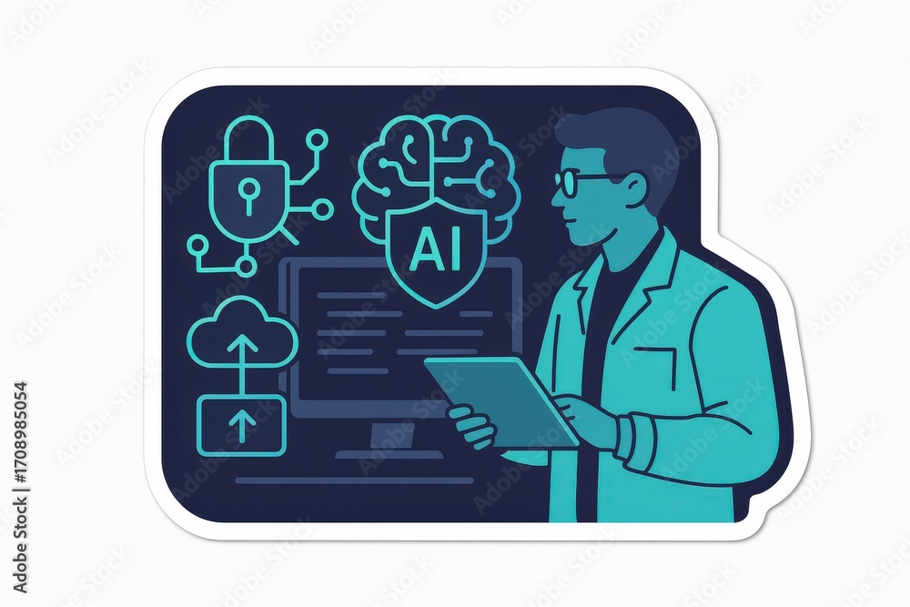 Poster an ai-driven scientist analyzes advanced cybersecurity measures while engaging with digital data vis
