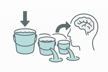 Conceptual illustration of information flow represented by water buckets pouring into a human head symbolizing knowledge acquisition and cognitive capacity enhancement through engagement