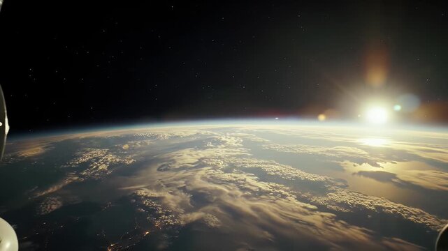 Earth View from Space Station Window at Sunrise Shows Blue Atmosphere and Golden Cloudscape