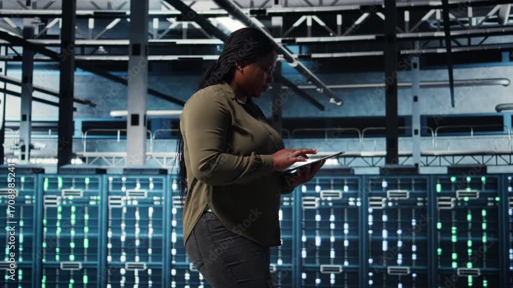 Poster data center programmer uses tablet to develop disaster recovery plans, minimizing downtime. it profe