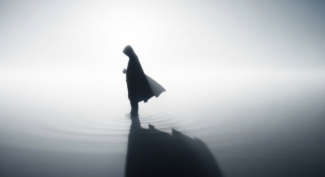 Solitary figure standing on edge of cliff bathed in bright overexposed light