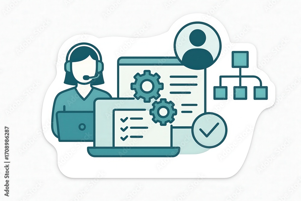 Poster a professional customer support representative engaging in remote assistance while utilizing technol