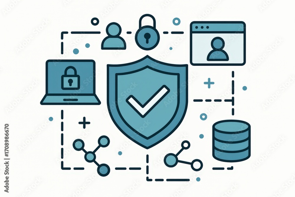 Poster ensuring data security through advanced technology solutions illustrated with shield symbolism empha