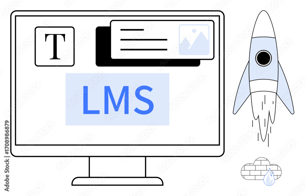 Poster computer monitor with lms interface, text, and image block. rocket launching beside cloud storage ic