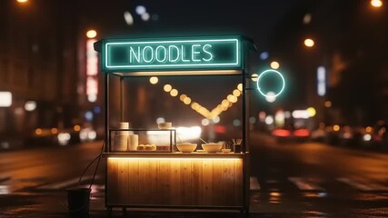 Neon-lit noodle stall on a bustling city street at night, showcasing delicious dishes and ambiance - Powered by Adobe