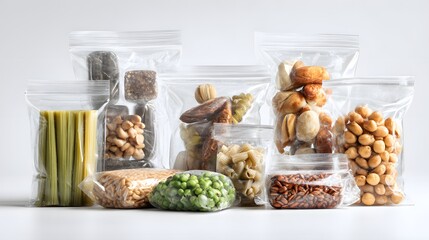 Organized pantry items, ranging from pasta and nuts to various other ingredients, neatly stored in clear plastic bags for easy access.