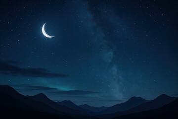 Fototapeta premium Crescent moon hanging above star filled night sky over distant mountains with faint aurora and soft clouds minimal serene landscape