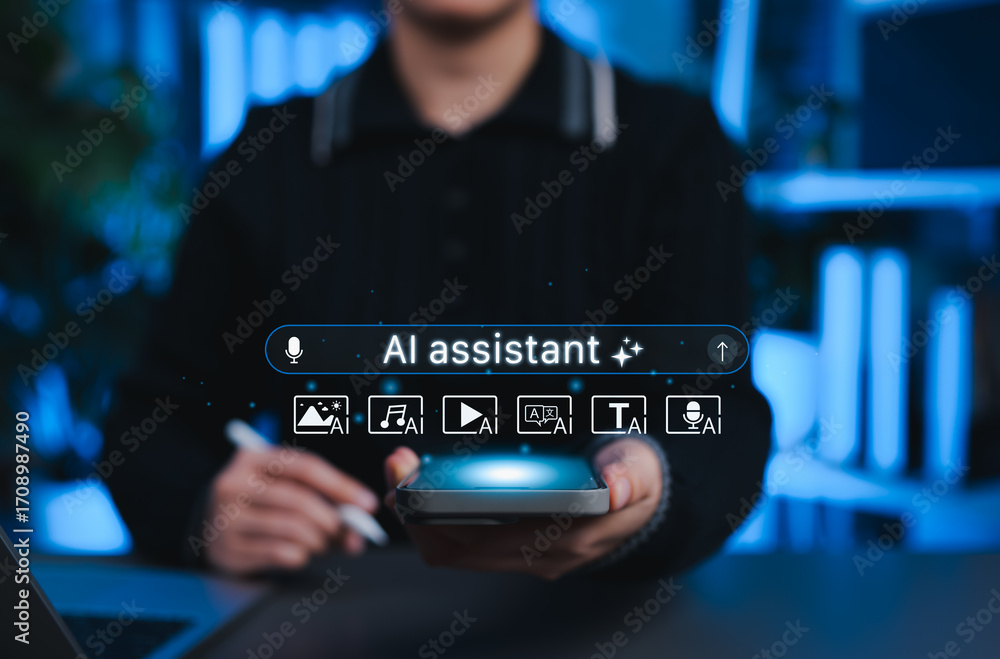 Aufkleber ai assistant technology concept. user holding smartphone with glowing interface and ai assistant ico
