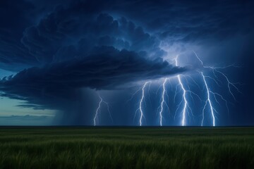 Epic thunderstorm panorama with multiple cloud to ground lightning bolts arcing across dark supercell clouds over plains dramatic weather photography