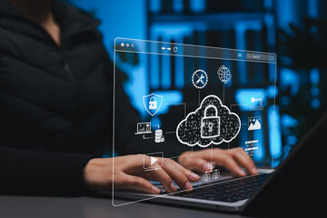 Cloud security and data protection concept. User using laptop with digital cloud computing interface, data secure, encrypted storage, cloud access, secure file management in modern technology systems,