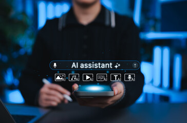 AI assistant technology concept. User holding smartphone with glowing interface and AI assistant icons for image, music, video, translation, text, voice generation, representing creative AI tool usage
