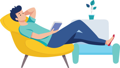 Relaxed man in a chair, engaged with a book and a tablet resting on his lap.