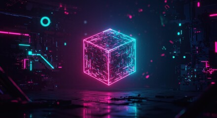Glowing neon cube futuristic technology