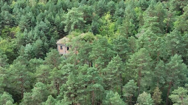 Aerial Bydgoszcz Poland forest ruin German explosive factory circle f. Northern Poland. One of largest WW II Nazi German war ammunition explosive manufacturing facilities. Slave labor Jews and Polish.