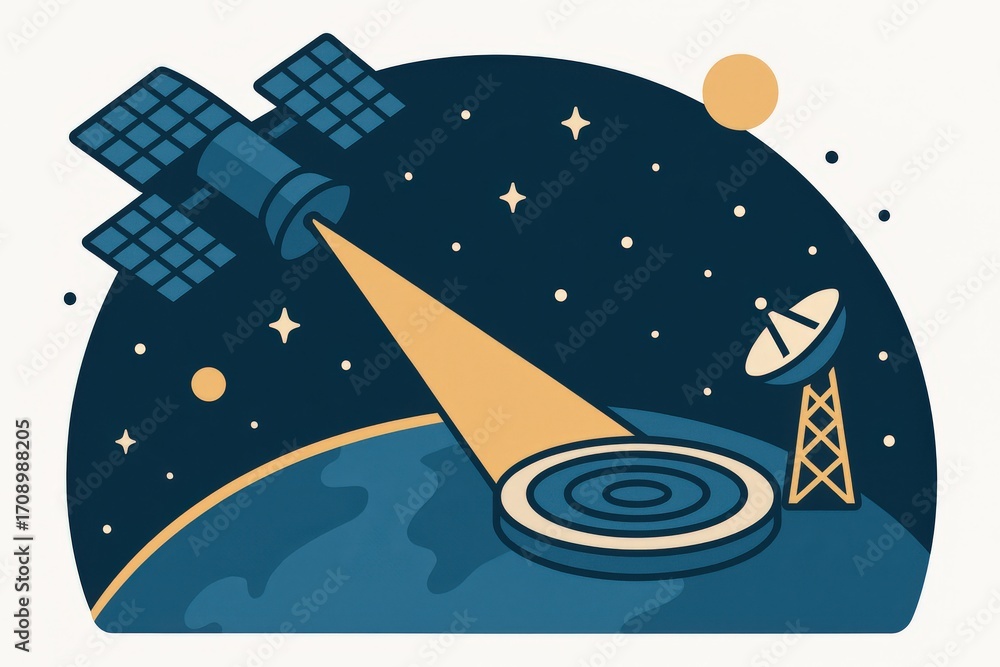 Poster satellite emitting signals towards earth while surrounding celestial objects create an atmosphere of