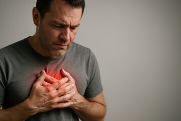 Medical concept man clutching chest with radiating pain glow on neutral background health risk awareness clean minimal composition with copy space