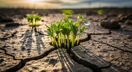 A close up of green sprouts growing in cracked dry earth with a water droplet on one of the sprouts