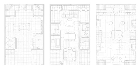 Architectural floor plan drawings of three modern apartment layouts with furniture and room divisions