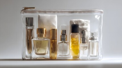 Clear toiletry bag with various glass perfume bottles and other cosmetic containers, useful for travel and organization.