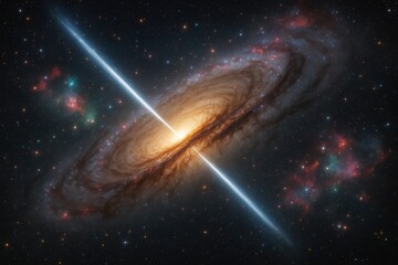 Spectacular barred spiral galaxy with luminous accretion disk and twin relativistic jets vibrant nebula clouds and starfield deep space astrophotography aesthetic