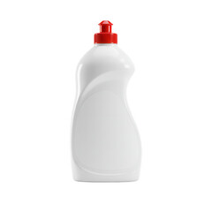 A white plastic bottle with a red cap for dish soap isolated on transparent background
