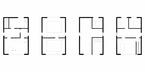 Four different simplified architectural floor plan elevations showing interior layouts and staircases