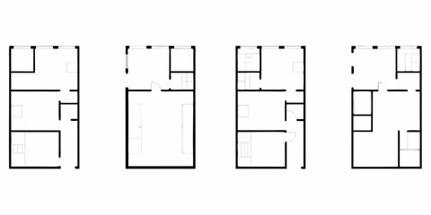 Four simplified black and white floor plan layouts of residential homes with rooms and doors