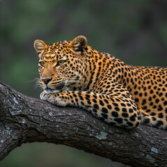 Fototapeta premium Leopard Resting on Tree Branch with Focused Gaze in Natural Wildlife Habitat, Wild Life