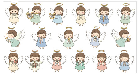 Collection of cute cartoon angels with halos and wings in various poses