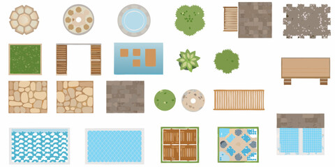Collection of top down garden and landscape design elements for architectural visualization and planning