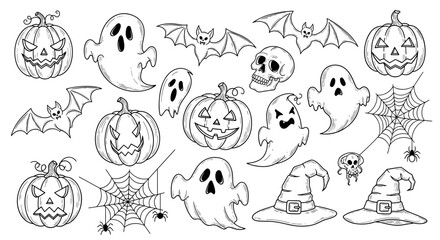 Halloween themed sketch with pumpkins ghosts bats and witch hats drawn