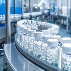 Pharmaceutical bottles on conveyor belt