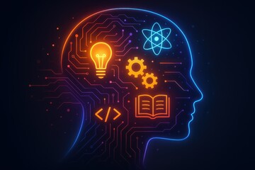 Human silhouette with glowing circuitry and floating science and math symbols inside transparent head evoking creativity intelligence and innovation