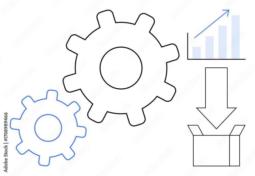 Poster two interlocking gears, growth chart with upward trend, arrow pointing to a box. ideal for productiv
