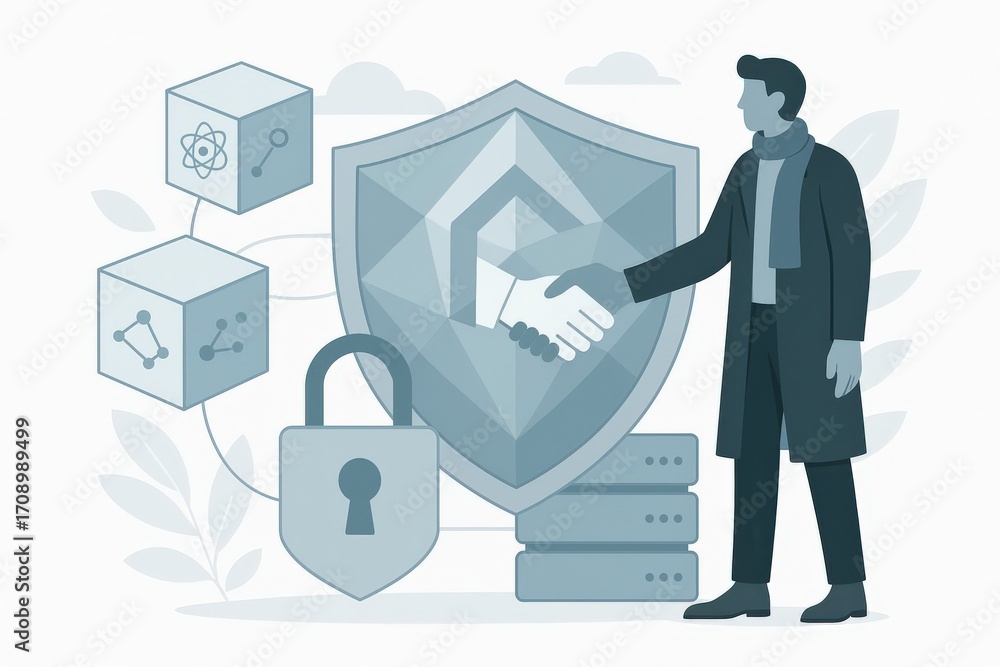 Poster digital security partnership showcasing trust with a handshake symbolizing collaboration in cybersec