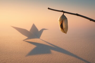 Chrysalis of change unveiling an origami bird shadow soaring at sunrise symbolizing ambition resilience growth and the fearless reinvention of self