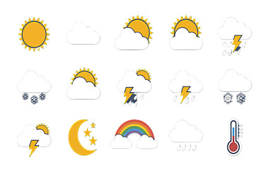 Obraz premium Collection of Colorful and Diverse Weather Icons Featuring Sun, Clouds, Rainbows, and Thermometer for Forecasting and Meteorological Information
