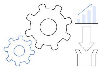 Two interlocking gears, growth chart with upward trend, arrow pointing to a box. Ideal for productivity, business success, workflow, analytics, process optimization manufacturing logistics. Simple