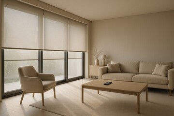 Smart living room with motorized roller shades filtering gentle daylight minimalist decor smartphone control modern home automation comfort
