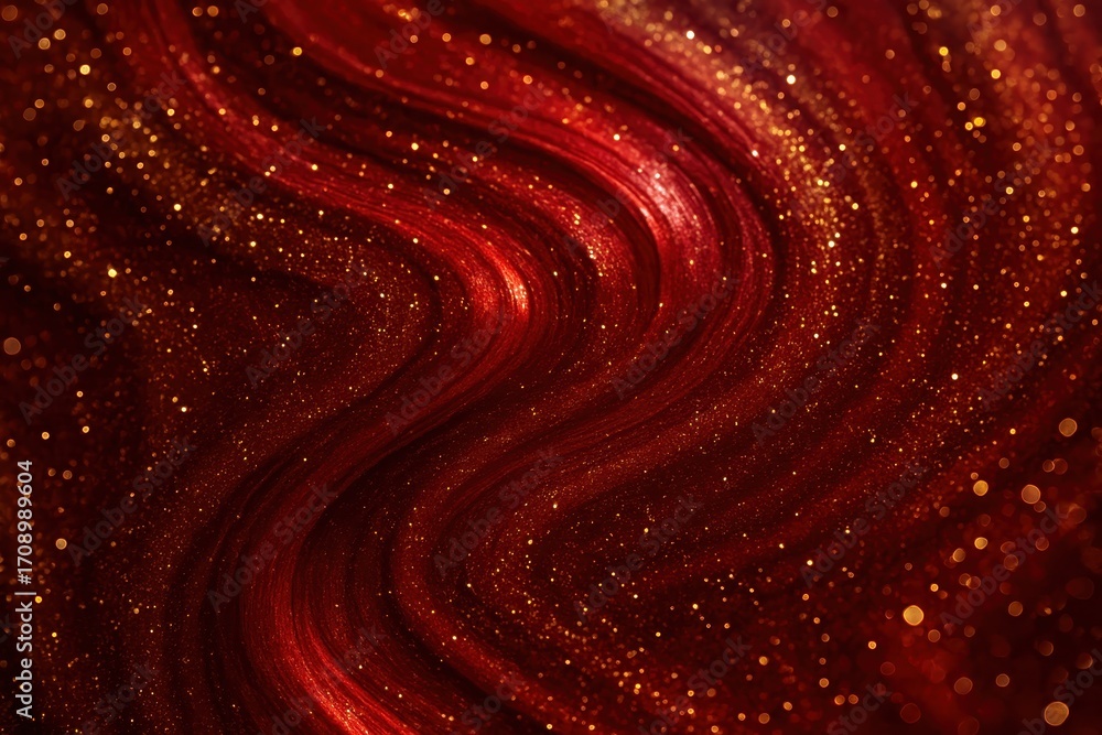 Poster swirling red fluid with shimmering gold dust abstract luxury glitter texture and flowing metallic sp