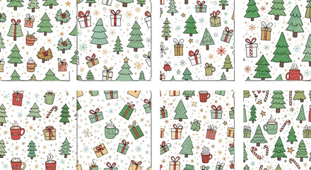 Seamless christmas pattern with trees gifts and hot drinks on white background