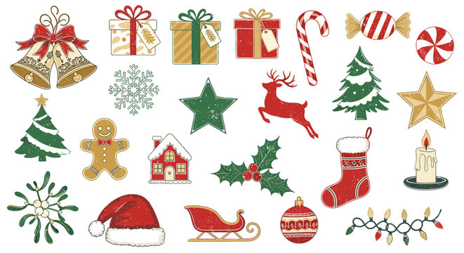 Illustration of christmas themed objects including gifts and ornaments