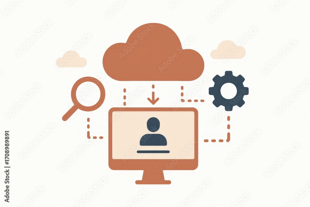 Poster digital communication ecosystem illustrating interconnected elements such as cloud storage, user pro