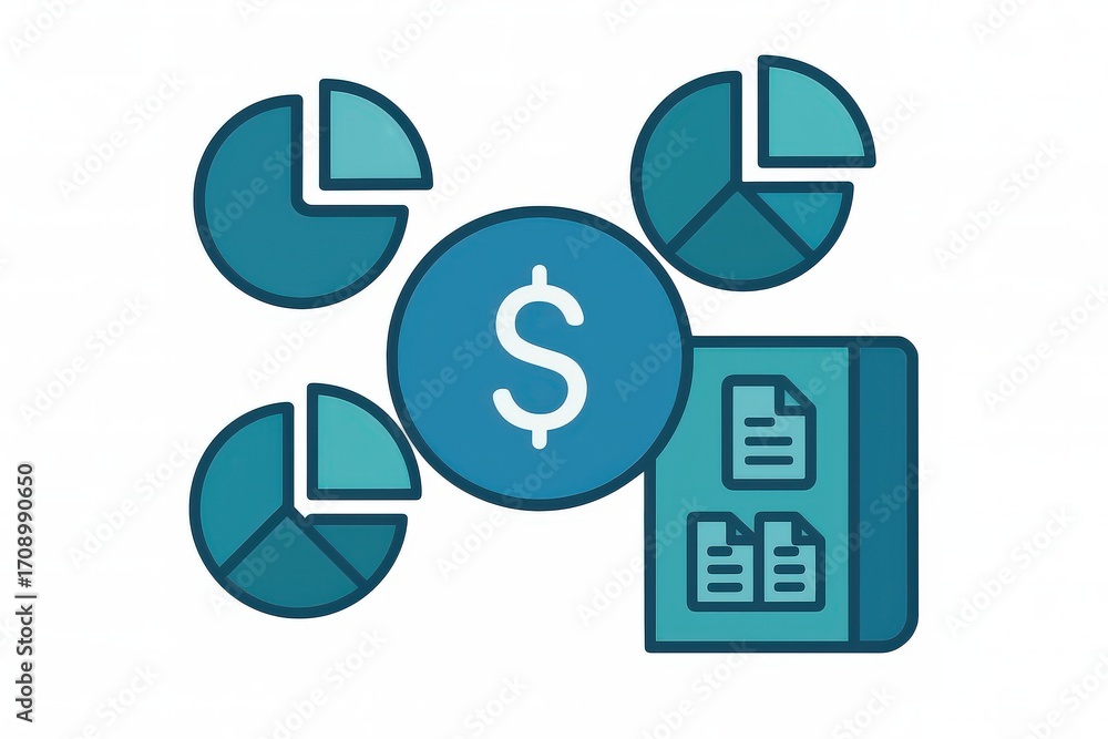Poster illustrative representation of financial analytics showcasing pie charts monetary symbol and organiz