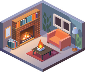 An artistic depiction of a living room with a fireplace, highlighting a welcoming atmosphere and stylish furnishings.