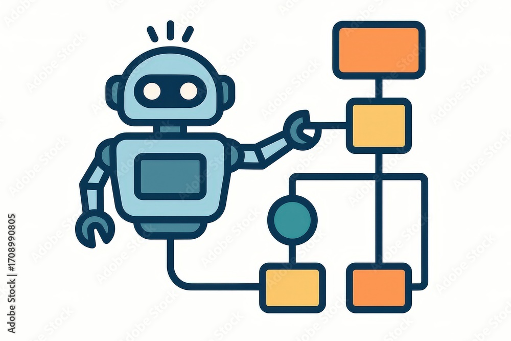 Poster a conceptual illustration of a futuristic robot engaging in problem-solving through interactive flow