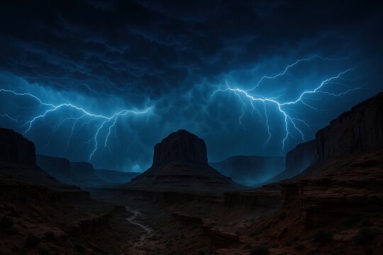Electric storm over rugged canyon nightscape dramatic forked lightning illuminates textured cliffs and rolling clouds with ethereal blue glow and torrential energy