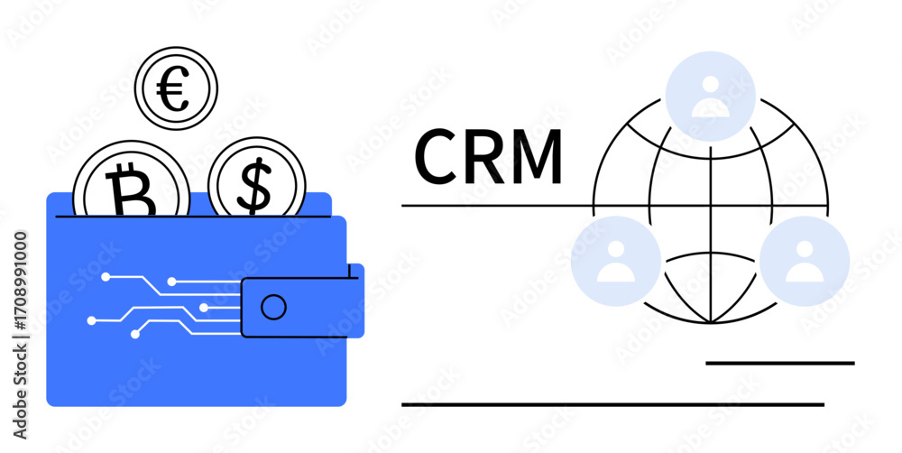 Poster blue digital wallet with cryptocurrency coins and crm text beside a globe network with user icons. i