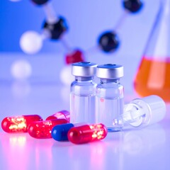 Pharmaceutical laboratory equipment with pills and vials
